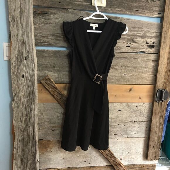 Monteau Size XS Black Faux Wrap Dress With Leopard Print Buckle - Picture 1 of 7